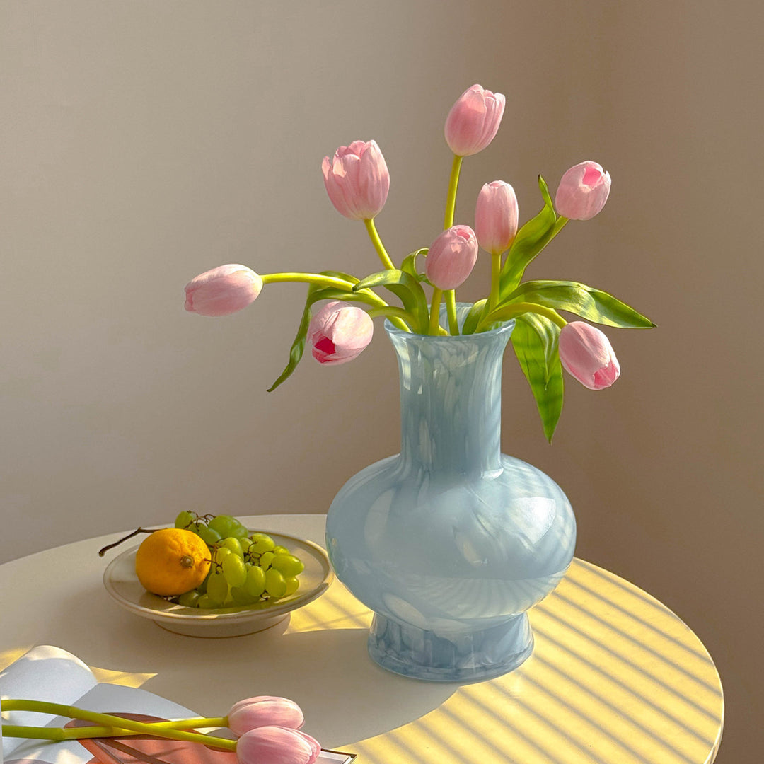 Hand-Blown Marbled Bulbous Glass Decorative Vase with Tall Neck