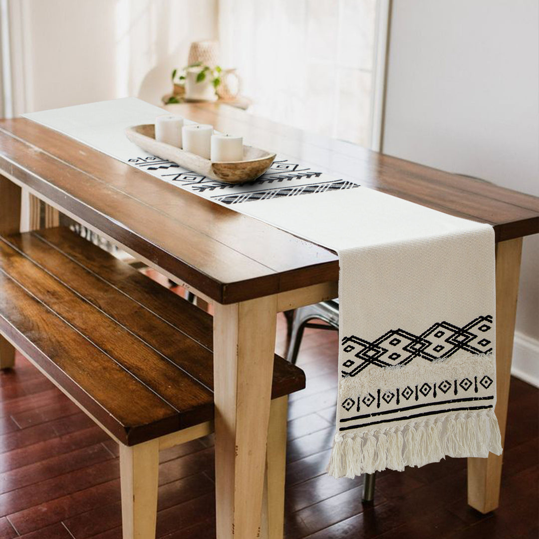 Boho table runner made of a cotton mix with embroidered ethnic motif and fringes