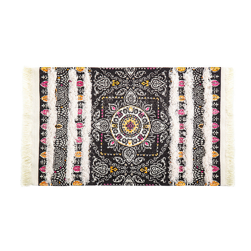 Flat-woven runner rug in ethnic stripe design with hand-fringed edge