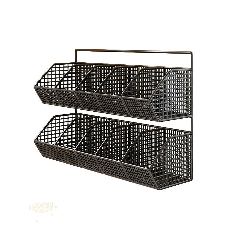 Wall-Mounted Double-Tier Grid Mesh Kitchen Storage Basket Organizer