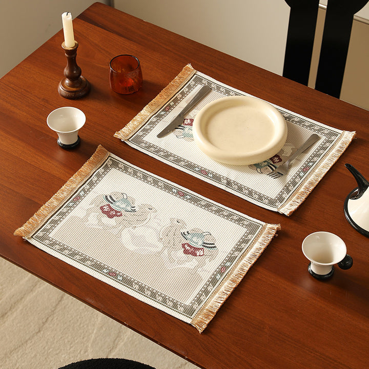 Woven small runner rug in vintage ornamental style with fringes