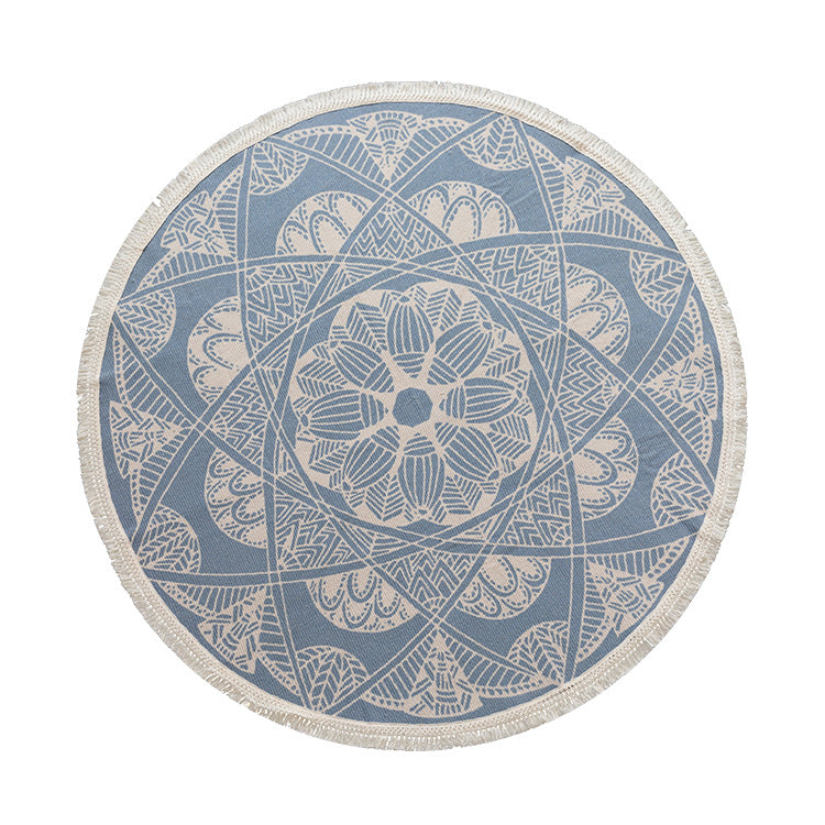 Round woven rug with mandala motif, flat cotton-jute mix and fringes