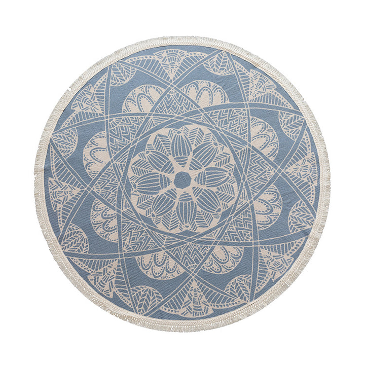 Round woven rug with mandala motif, flat cotton-jute mix and fringes