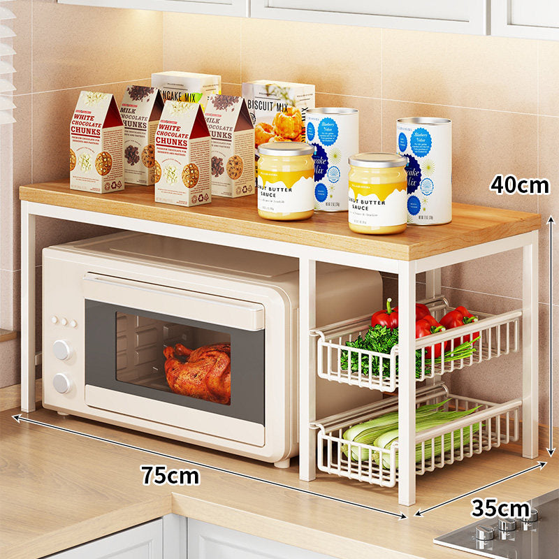 Microwave Countertop Organizer Shelf with Wooden Top and Pull-Out Wire Basket Drawers