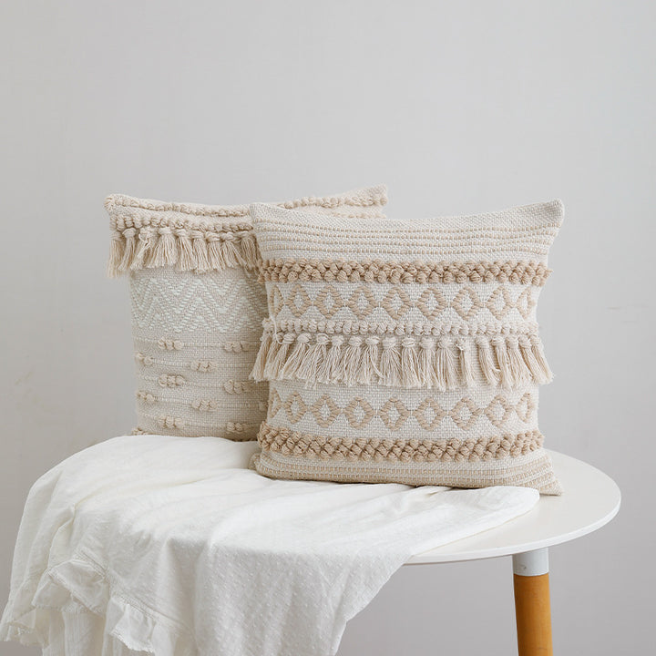 Woven Boho cushion cover with fringe stripes and handcrafted border