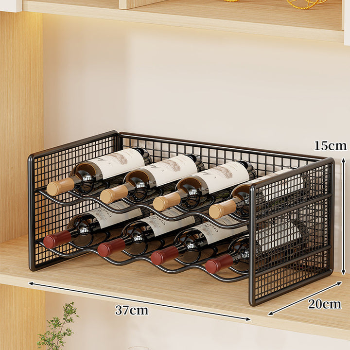 Countertop Metal Wine Bottle Rack Mesh Organizer with Stackable Grid Sides and Curved Bottle Cradles