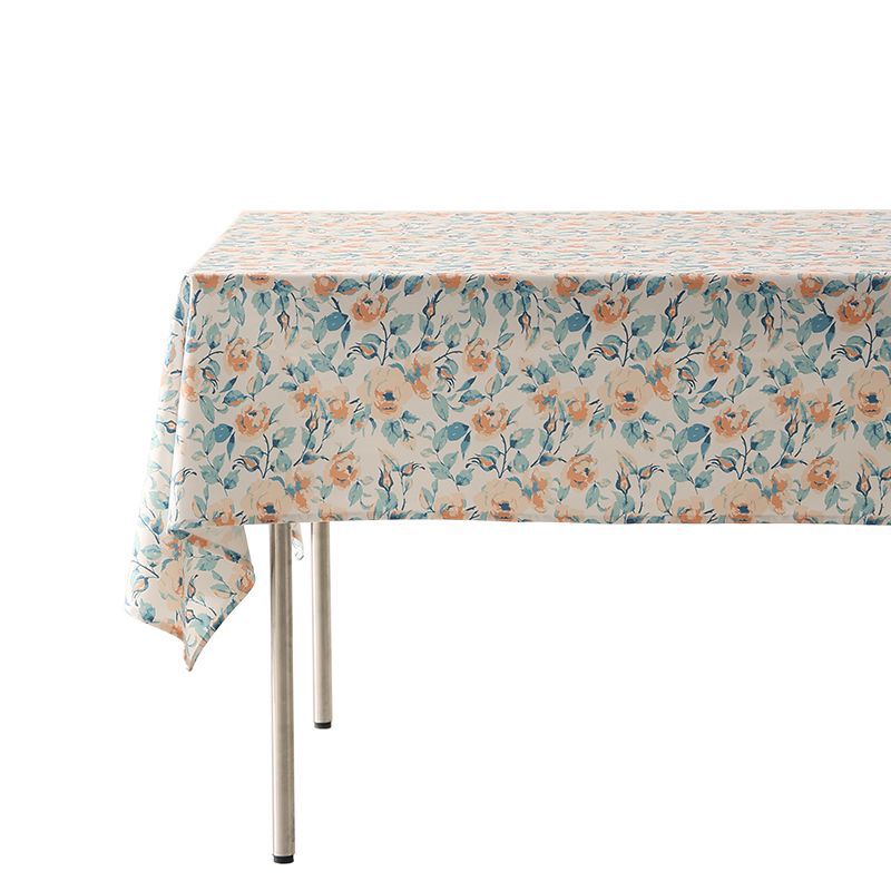Wipeable tablecloth made of polyester with floral watercolor look and water-repellent coating