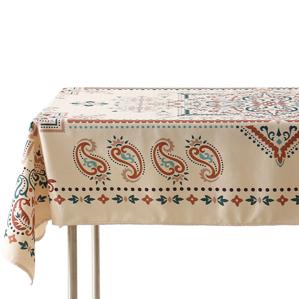 Water-repellent rectangular tablecloth with paisley pattern and coated cotton look