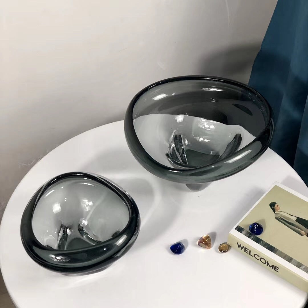 Thick Art Glass Pedestal Centerpiece Bowl with Rounded Lip