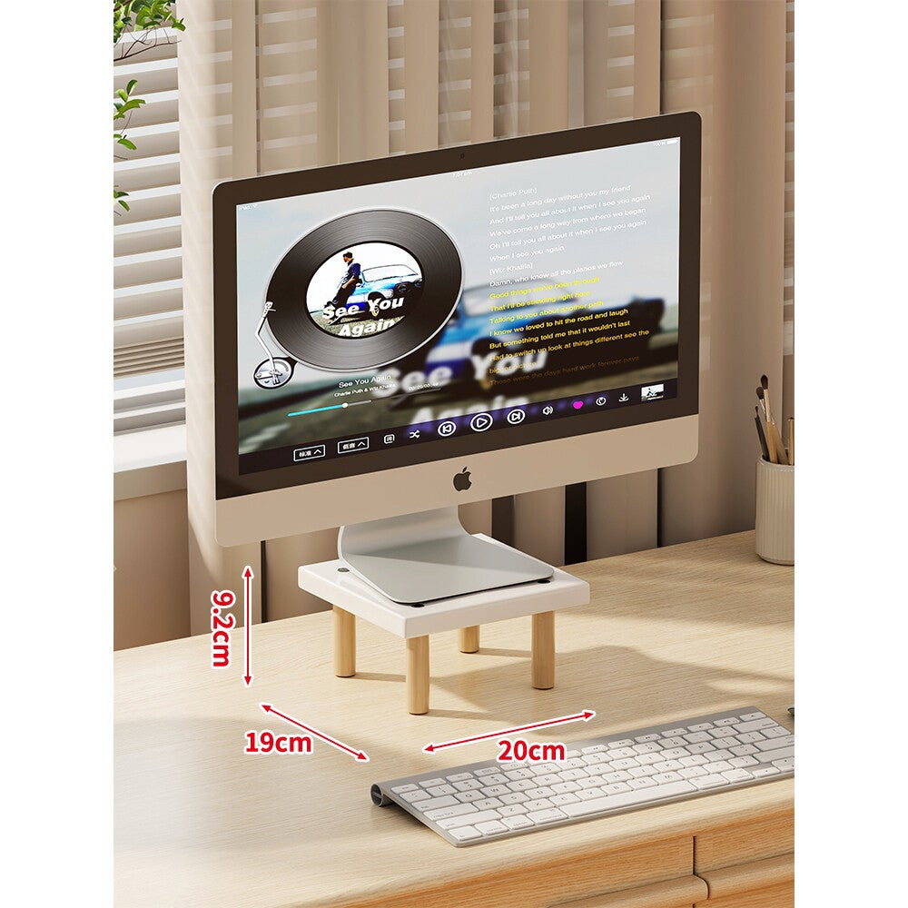 Compact Elevated Monitor Riser Stand with Wooden Legs and Under-Storage