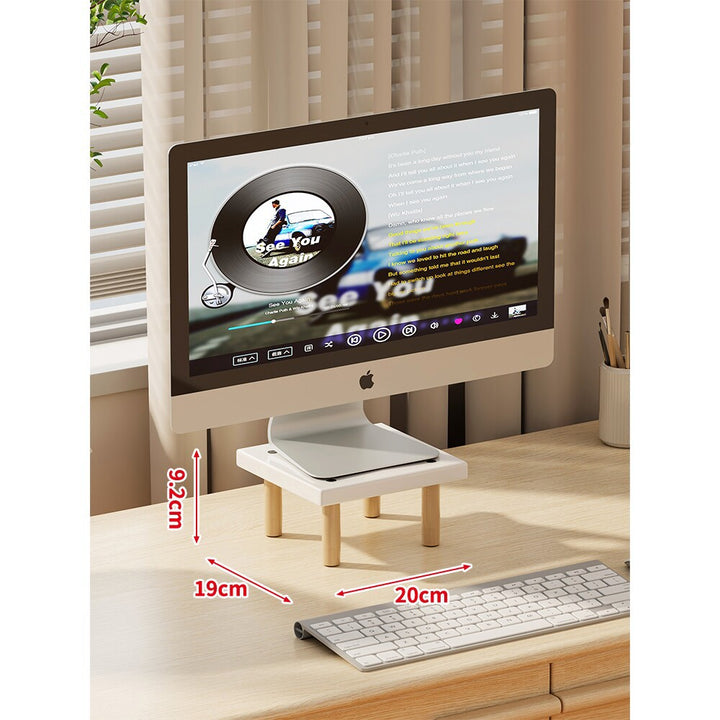 Compact Elevated Monitor Riser Stand with Wooden Legs and Under-Storage