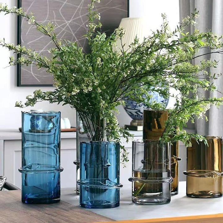 Hand-Blown Smoked Glass Cylindrical Centerpiece Vase with Decorative Mid-Ring