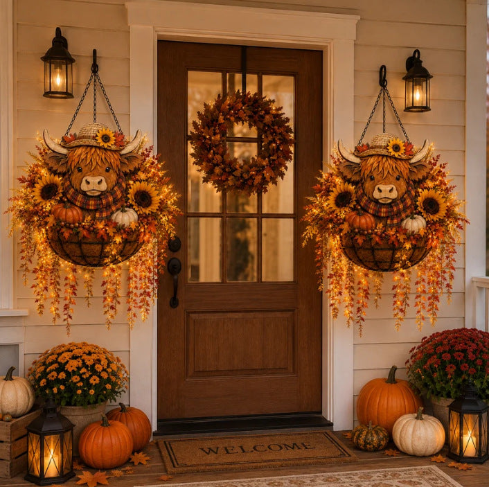 Autumn Hanging Porch Basket Decoration with Highland Cow Face Sunflowers Pumpkins and LED Fairy Lights