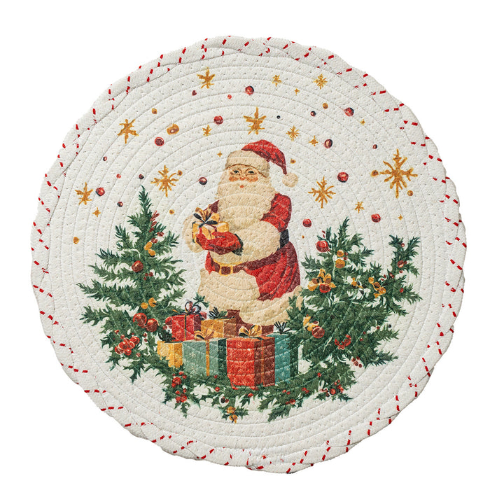 Braided round Christmas tree skirt made of cotton with quilted winter motif
