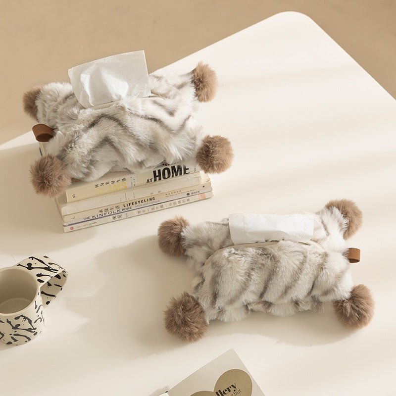 Decorative faux fur tissue box cover with pom poms and hanging handle