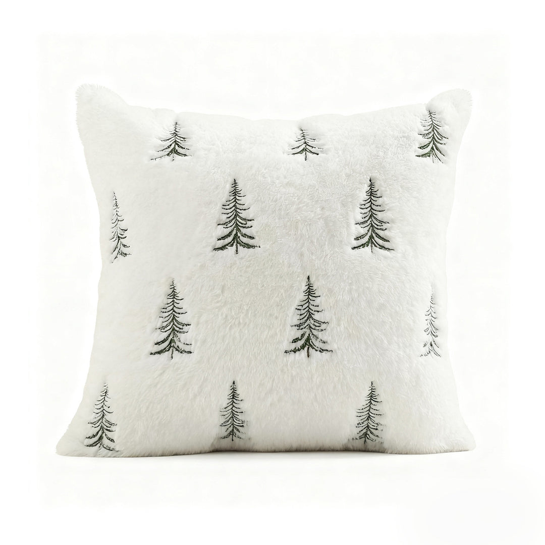Embroidered Faux Fur Evergreen Decorative Throw Pillow Cover