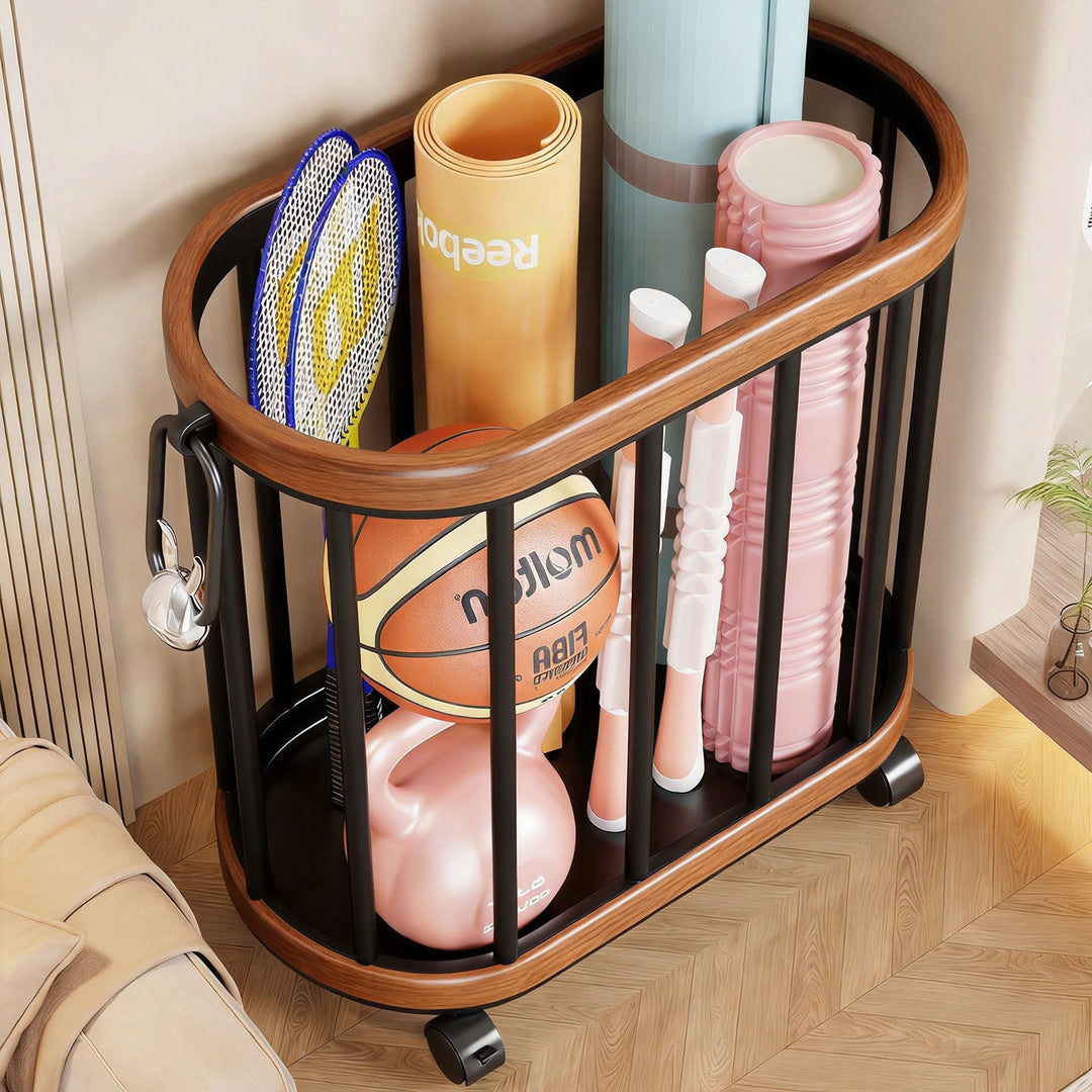 Vertical Rolling Sports Gear Storage Organizer with Cylindrical Metal Bar Frame and Casters