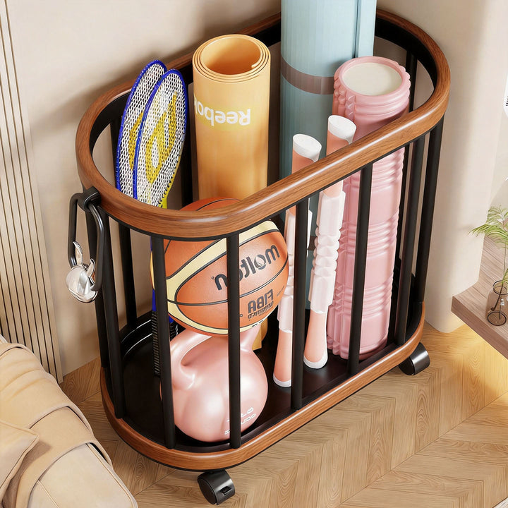 Vertical Rolling Sports Gear Storage Organizer with Cylindrical Metal Bar Frame and Casters