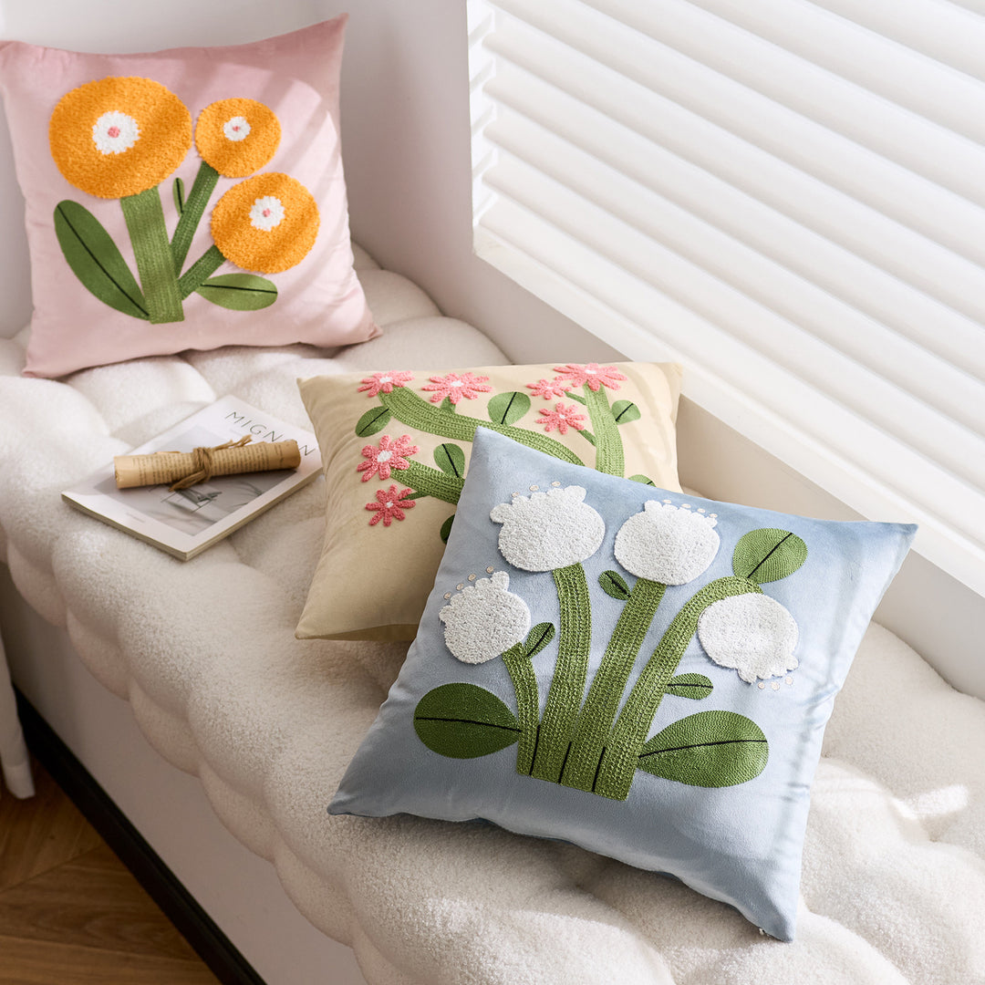 Square Velvet Tufted Floral Chenille Appliqué Accent Pillow Cover
