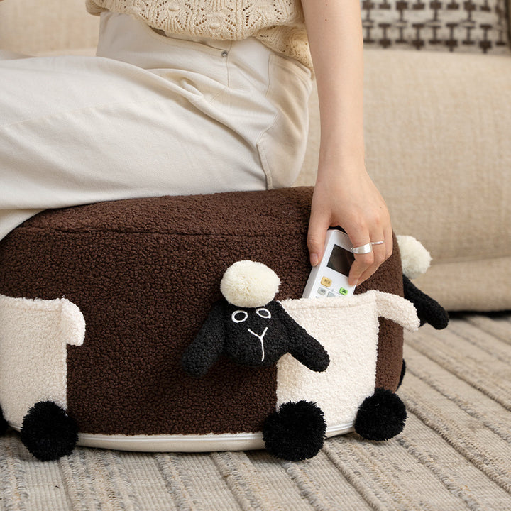 Round plush seat pouf with cute sheep appliqués and teddy fleece