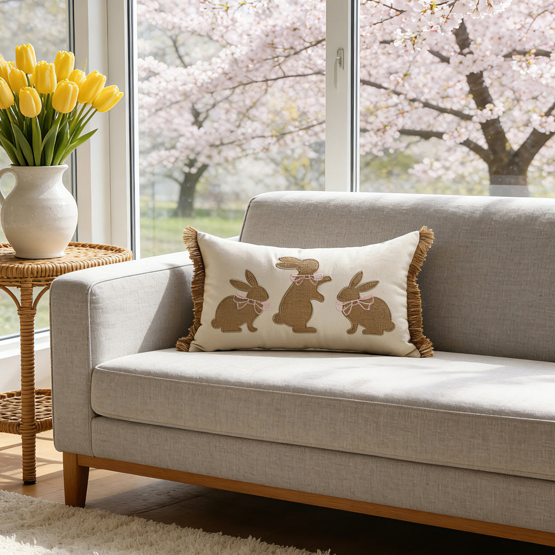 Tufted Bunny Appliqué Lumbar Throw Pillow Cover with Pom-Pom Tail