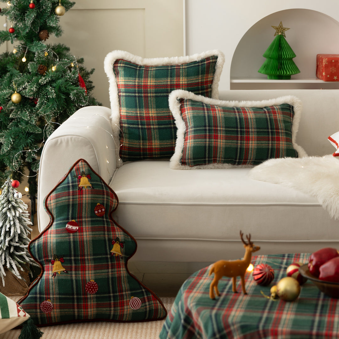 Traditional tartan decorative cushion with fluffy faux fur border
