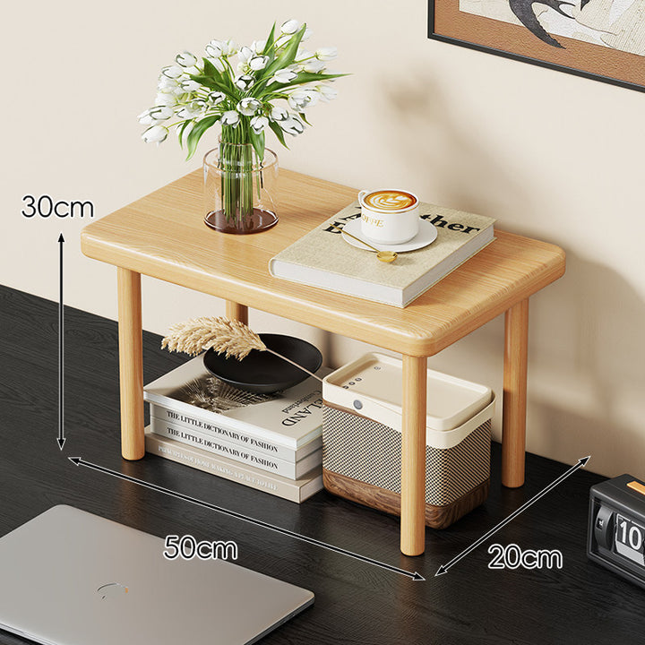 Compact Solid Wood Elevated Desk Display Stand with Under-Shelf Storage and Rounded Leg Design