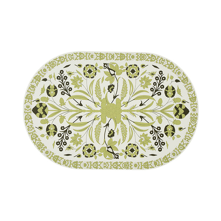 Oval wipeable table set made of vinyl with floral retro pattern and non-slip back