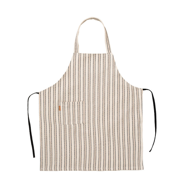 Linen-cotton blend kitchen apron with striped pattern and front pocket