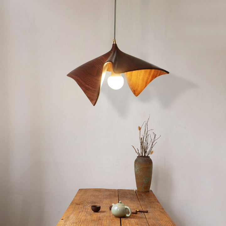 Organic Curved Wood-Look Resin Pendant Light with Draped Petal Shade