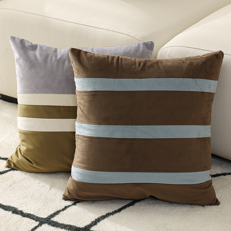 Square velvet decorative cushion with contrasting stripes and hidden zipper