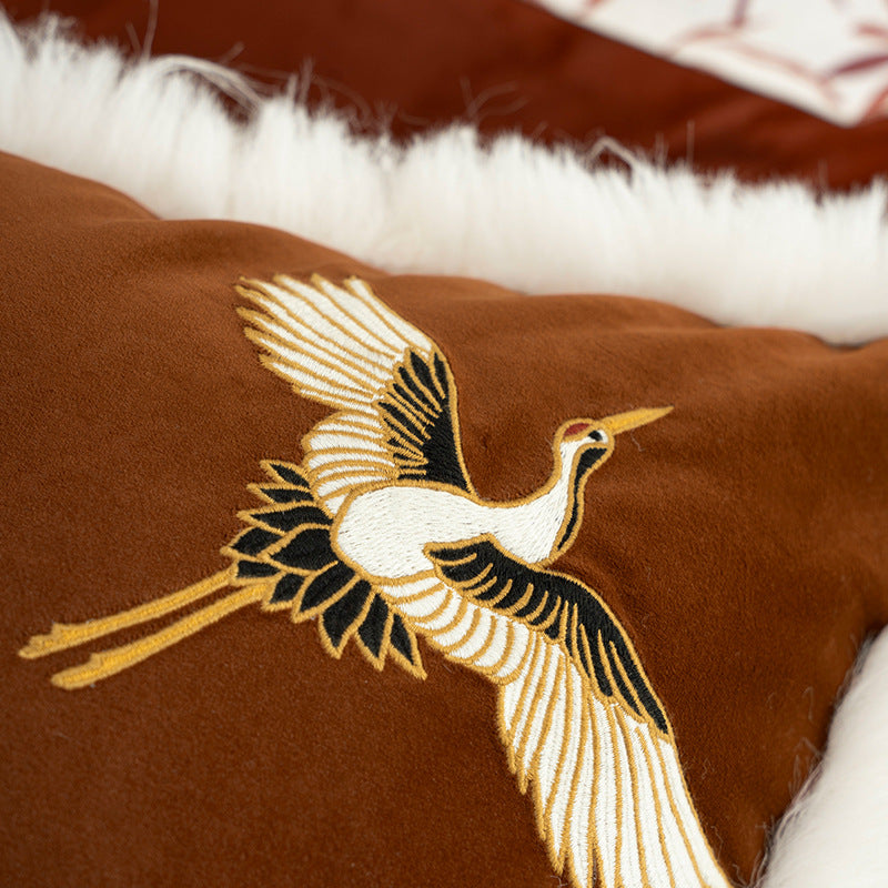 Luxurious embroidered satin pillowcase with art fur trim and crane motif