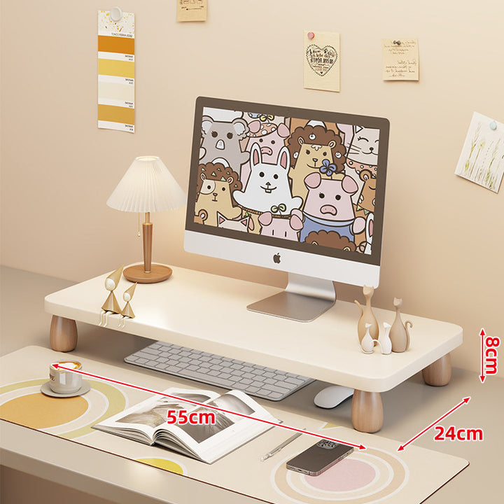 Low-Profile Ergonomic Wooden Desktop Monitor Lift with Under-Shelf Keyboard Storage
