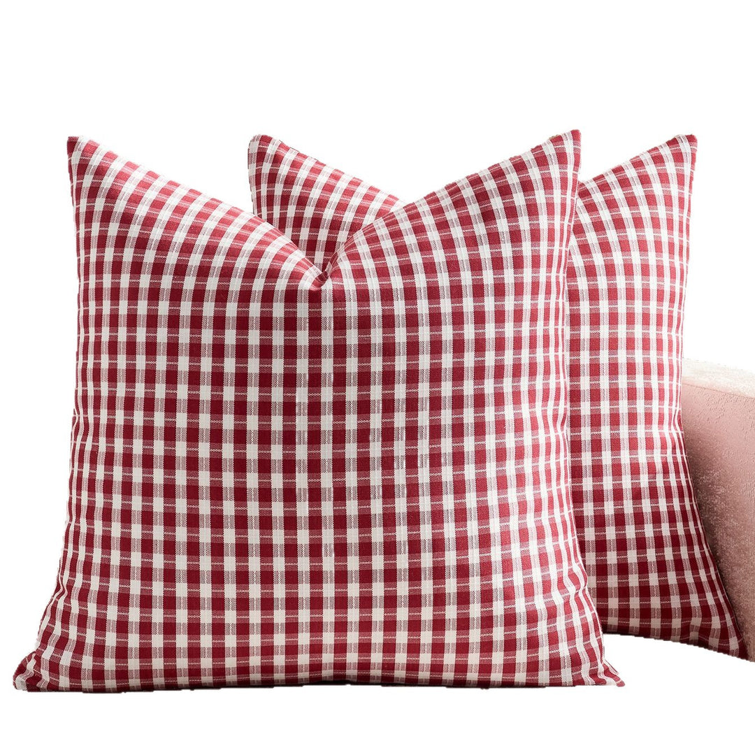 Gingham Check Cotton-Linen Square Throw Pillow Cover with Hidden Zipper