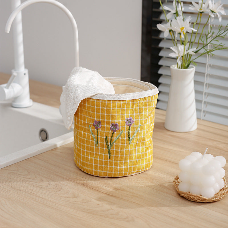 Padded fabric storage basket with Vichy check and embroidered lavender motif