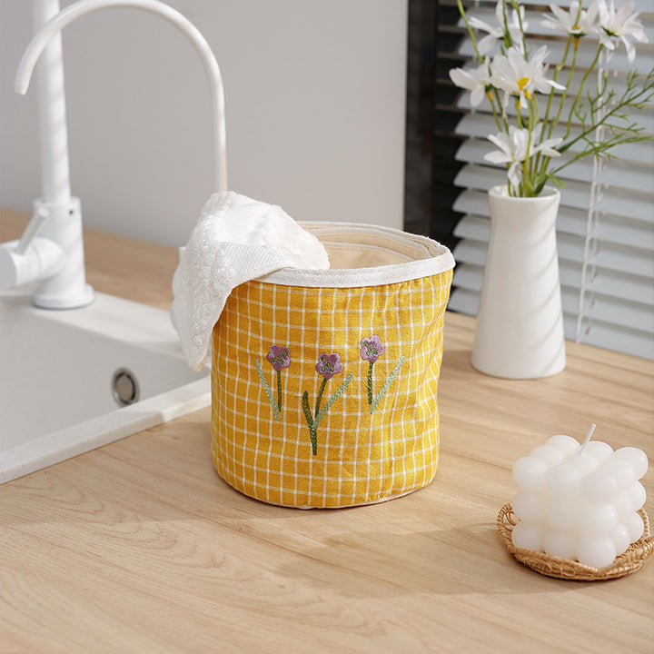 Padded fabric storage basket with Vichy check and embroidered lavender motif