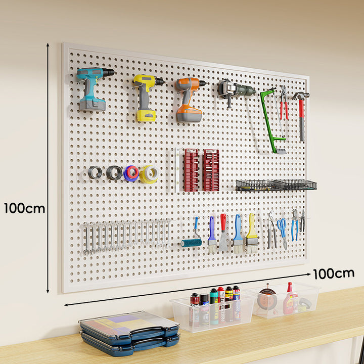 Heavy-Duty Wall-Mounted Perforated Steel Pegboard Tool Organizer with Modular Hooks and Shelf