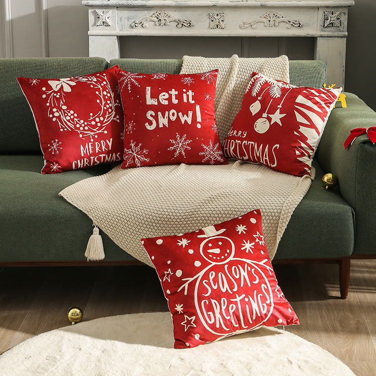 Festive Velvet Square Throw Pillow Cover with Snowman Seasonal Script
