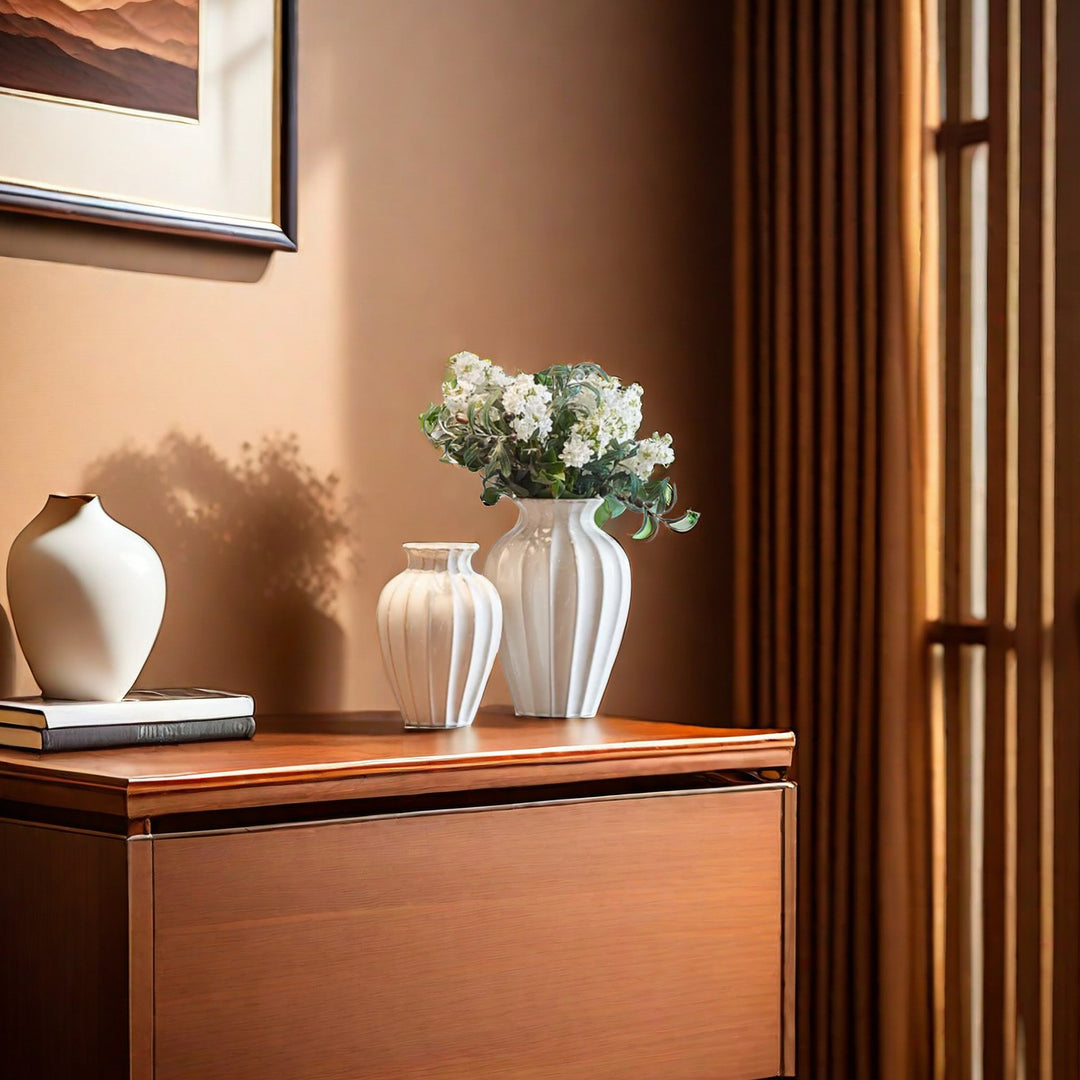 Elegant ceramic vase with ribbed structure