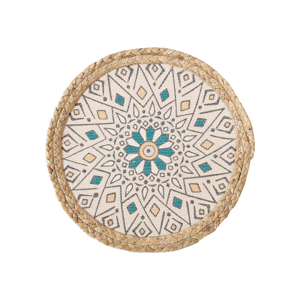 Round woven table mat made of jute with mandala cotton overlay