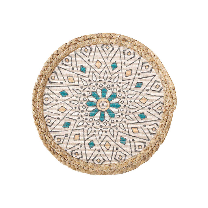 Round woven table mat made of jute with mandala cotton overlay