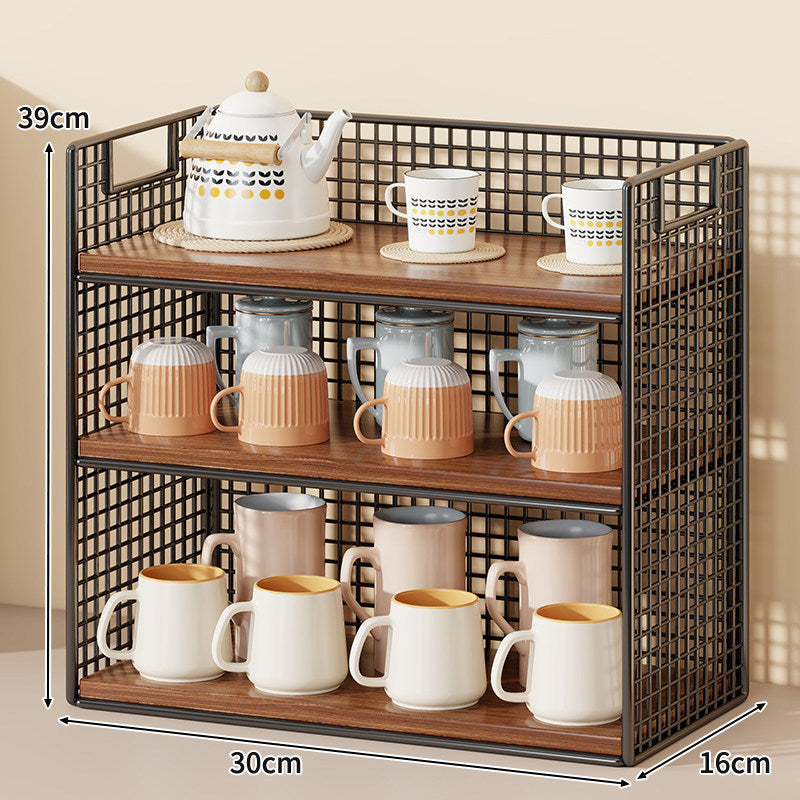 Three-Tier Wire Grid Countertop Display Shelf with Faux-Wood Removable Trays
