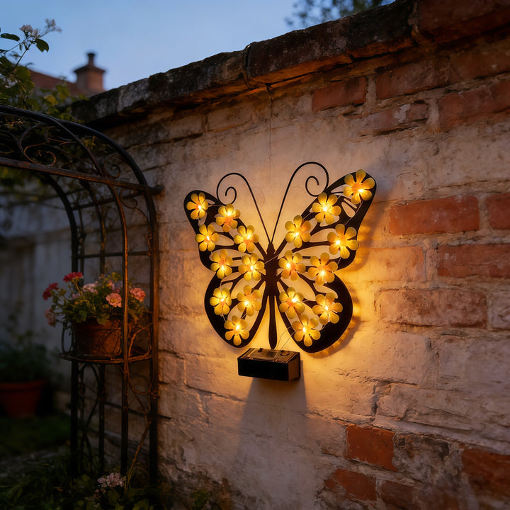 Decorative metal butterfly wall lamp with solar-powered flower LED string