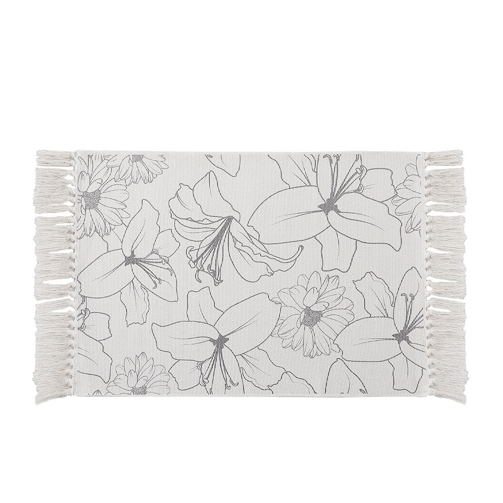 Decorative table runner made of cotton with botanical bird print and fringes