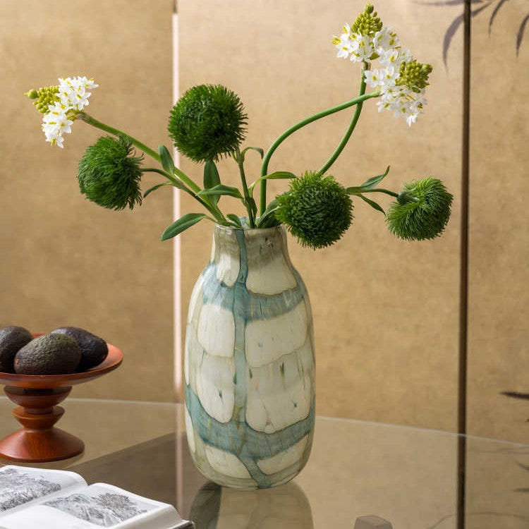 Hand-Glazed Crackle-Effect Ceramic Tabletop Vase with Organic Grid Pattern