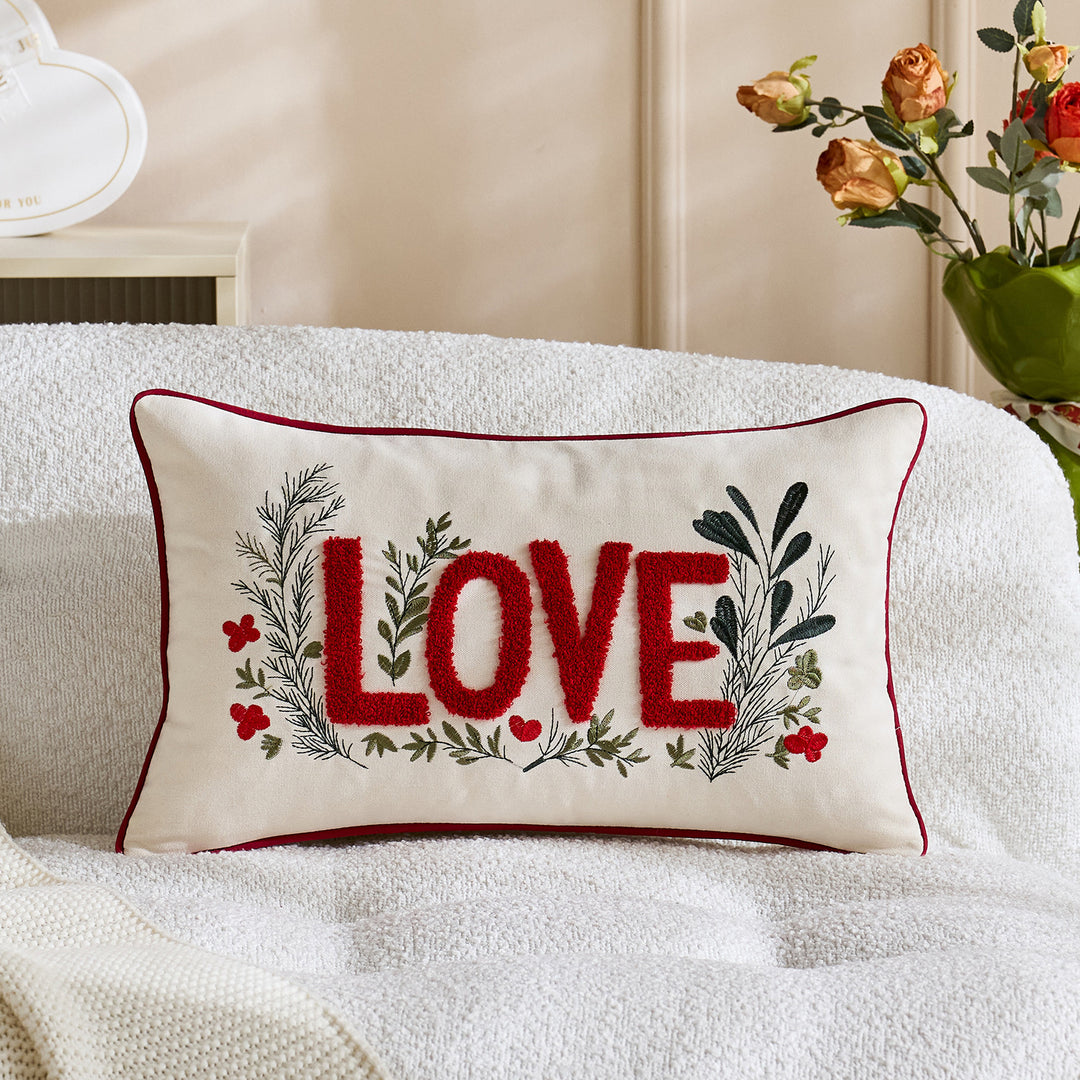 Embroidered Script Love Lumbar Pillow Cover with Tufted Heart