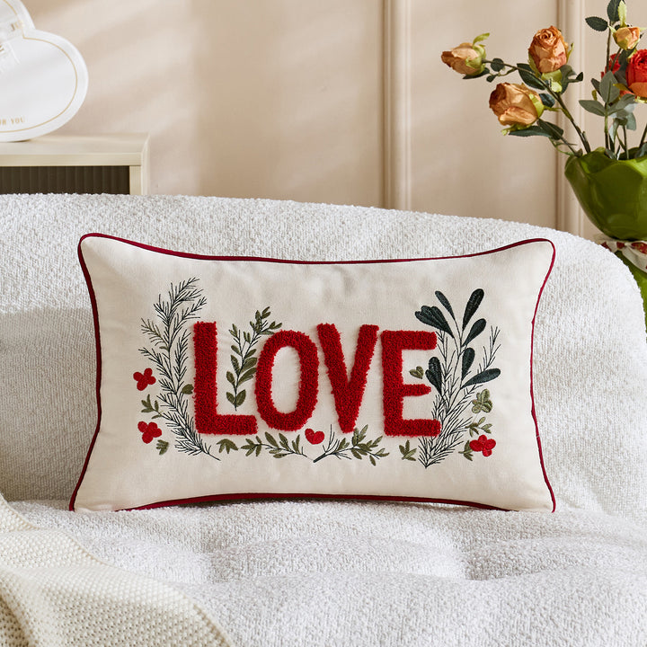 Embroidered Script Love Lumbar Pillow Cover with Tufted Heart