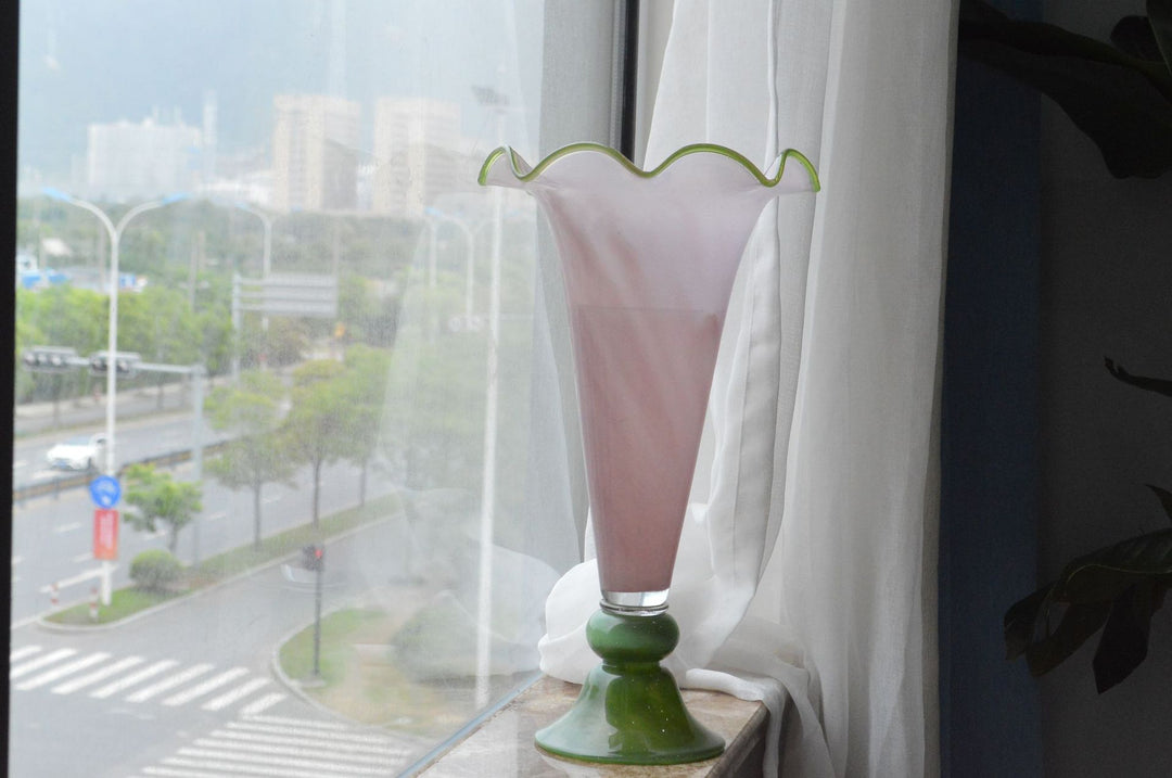 Tall Hand-Blown Fluted Glass Vase with Ruffled Rim & Rounded Pedestal Base