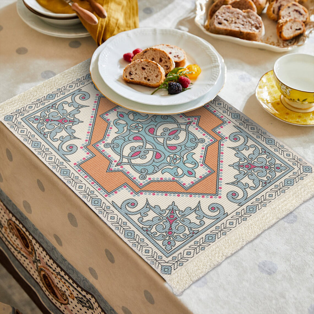 Rectangular short-pile rug in oriental medallion design with fringes
