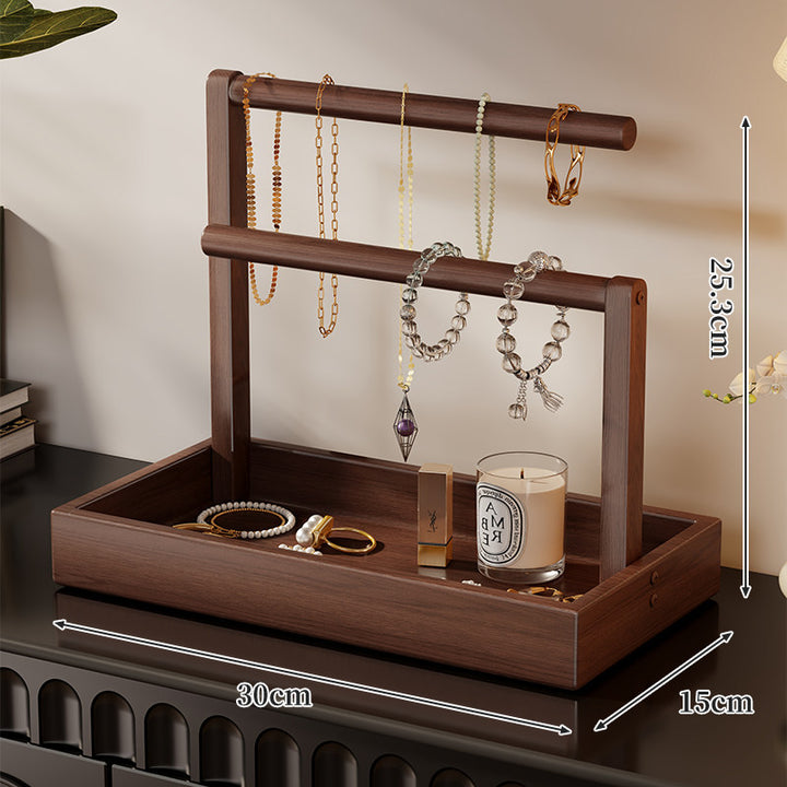 Two-Tier Wooden Jewelry Organizer Tray with Hanging Necklace Rods
